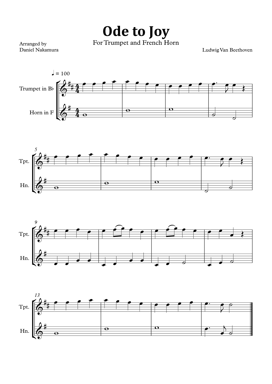 Ode to Joy (Easy Trumpet and French Horn) (arr. Daniel Nakamura)
