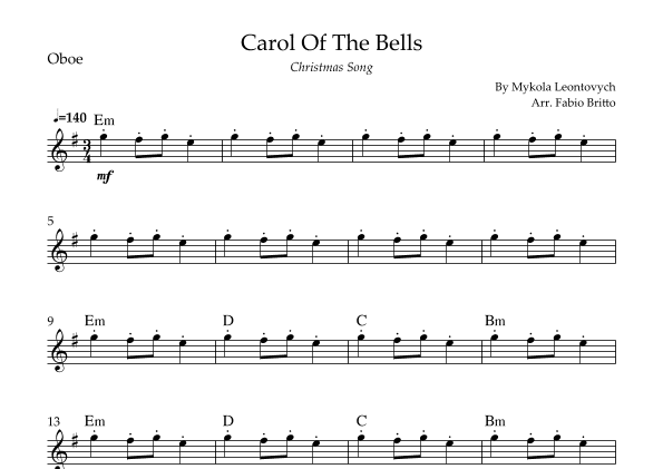 Carol Of The Bells (Christmas Song) for Oboe Solo with Chords (arr. Fabio Britto)