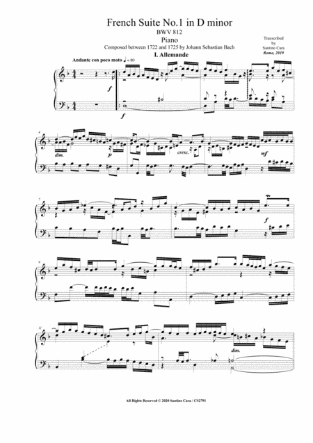 Bach - French Suite No.1 in D minor BWV 812 for Piano (arr. Santino Cara)