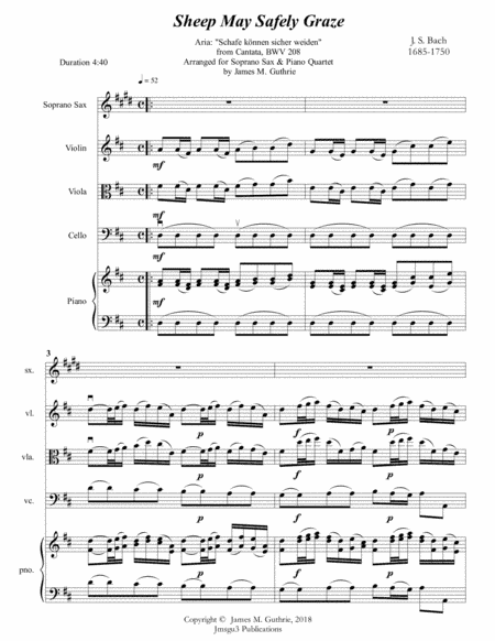 Bach: Sheep May Safely Graze for Soprano Sax & Piano Quartet (arr. James M. Guthrie, ASCAP)