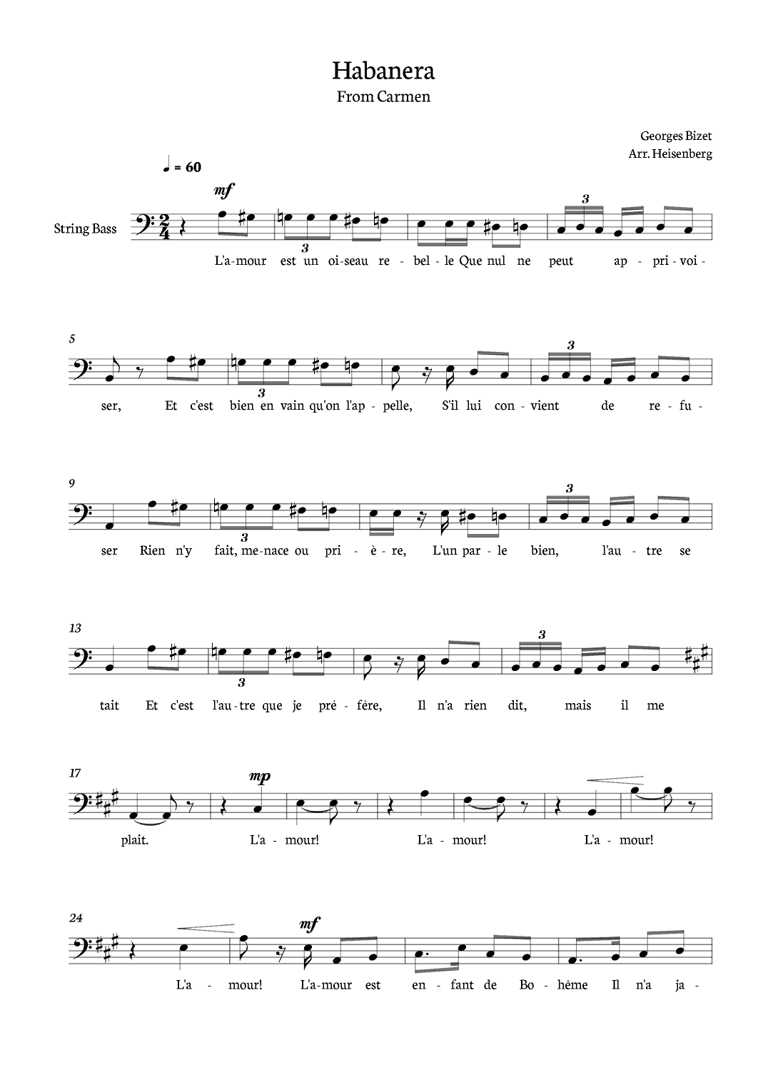 Habanera from Carmen for Stringbass (arr. Heisenberg)