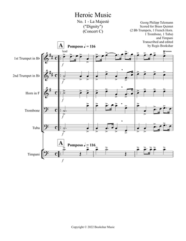 Heroic Music - No.   1. La Majeste (C) (Brass Quintet - 2 Trp, 1 Hrn, 1 Trb, 1 Tuba, Timp) (arr. Regis Bookshar)