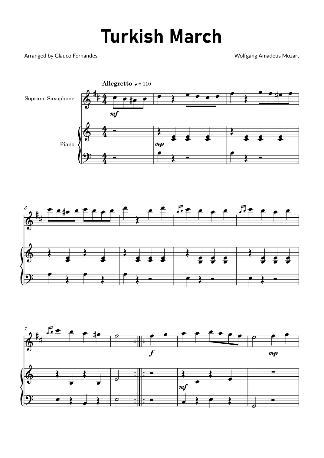 Turkish March by Mozart - Soprano Saxophone and Piano (arr. Glauco Fernandes)
