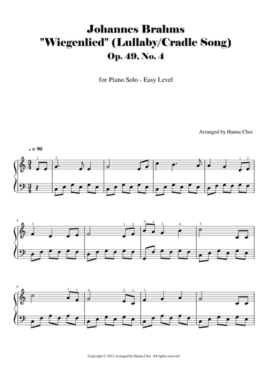 J. Brahms "Wiegenlied" (Lullaby/Cradle Song) - For Piano Solo (arr. Hanna Choi)