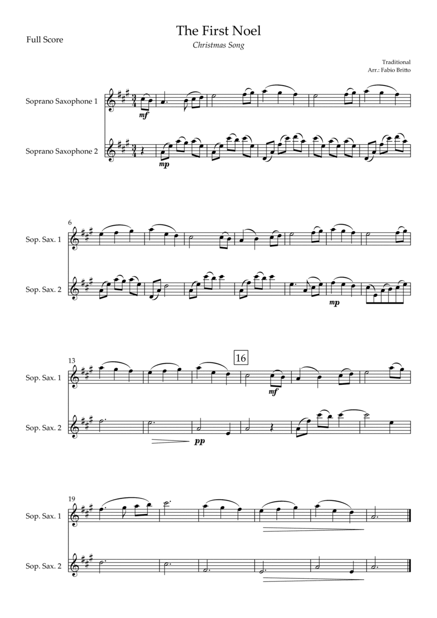 The First Noel (Christmas Song) for Soprano Saxophone Duo (arr. Fabio Britto)