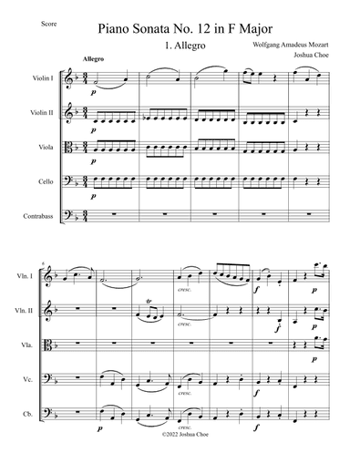 Piano Sonata No. 12 in F Major (arr. Joshua Choe)