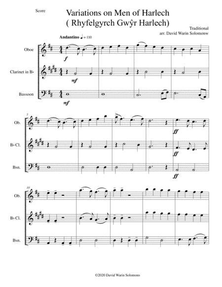 Variations on Men of Harlech (Rhyfelgyrch Gwyr Harlech) for wind trio (oboe, clarinet, bassoon) (arr. David Warin Solomons)