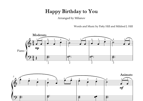 Happy Birthday to You Piano in C Easy Intermediate Full Fingering (arr. Milanov)