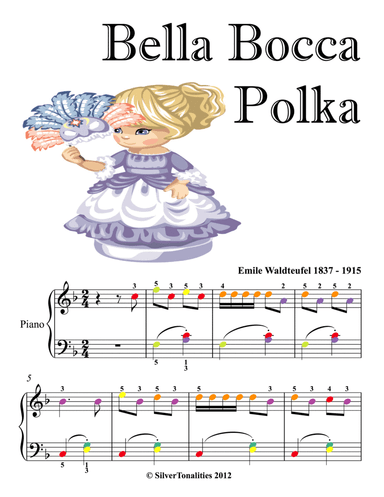 Bella Bocca Polka Easy Piano Sheet Music with Colored Notes (arr. SilverTonalities)