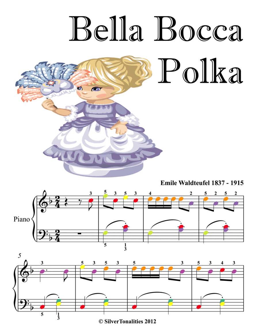 Bella Bocca Polka Easy Piano Sheet Music with Colored Notes (arr. SilverTonalities)