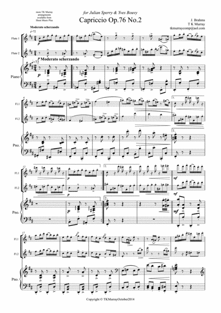 Brahms - Capriccio Op.76 No.2 - Flute Duo, 2 Flutes, Flute Group (arr. Tim TK Murray)