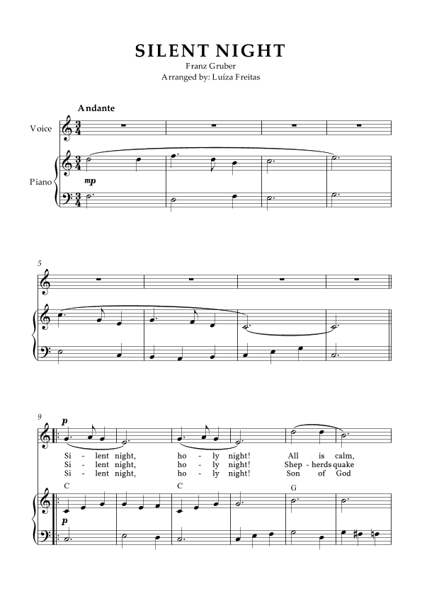 Silent Night - medium-high voice and easy piano (arr. Luíza Freitas)