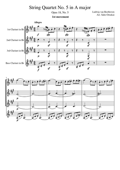 Ludwig van Beethoven: Quartet No.5 Op.18.in A major for 4 Clarinets(3 Clarinets and Bass Clarinet). (arr. Saho Omukai)