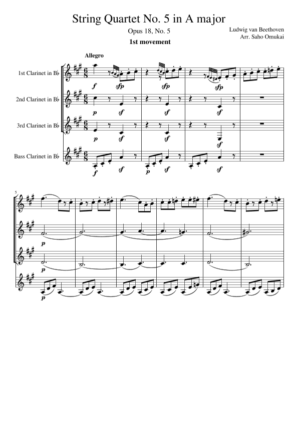 Ludwig van Beethoven: Quartet No.5 Op.18.in A major for 4 Clarinets(3 Clarinets and Bass Clarinet). (arr. Saho Omukai)