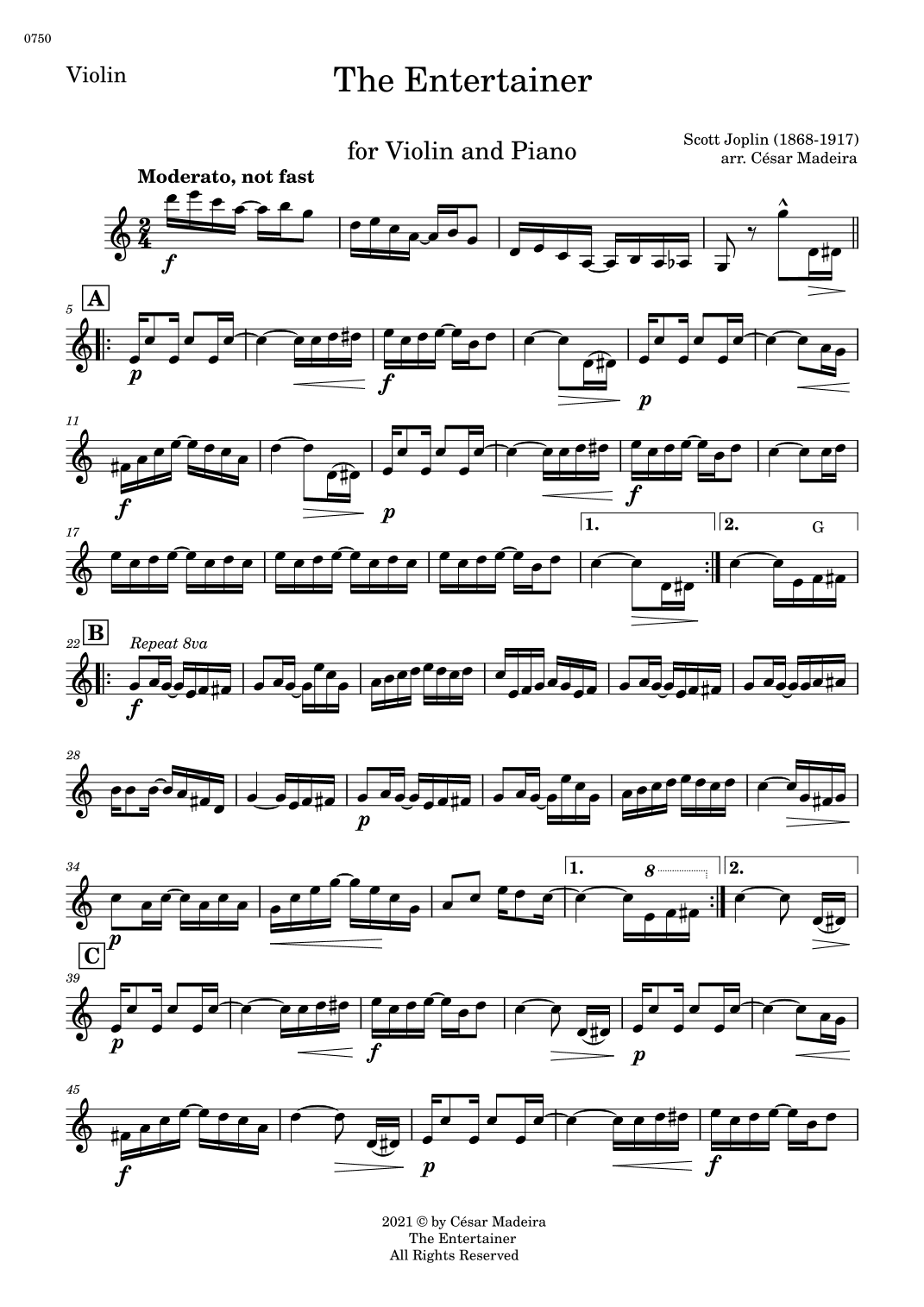 The Entertainer by Joplin - Violin and Piano (Individual Parts) (arr. César Madeira)