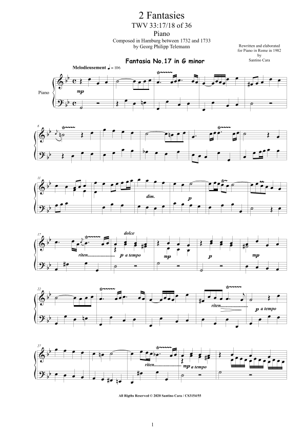 Telemann - 2 Fantasies in (G minor, B flat major) TWV 33 No.17-18 of 36 for Piano (arr. Santino Cara)