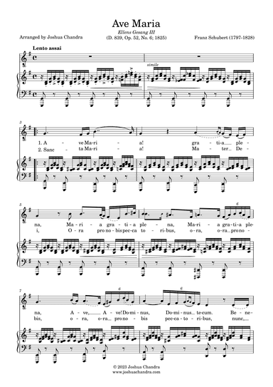 Ave Maria (Schubert) in G (Piano & Voice Parts in Latin) (arr. Joshua Chandra)