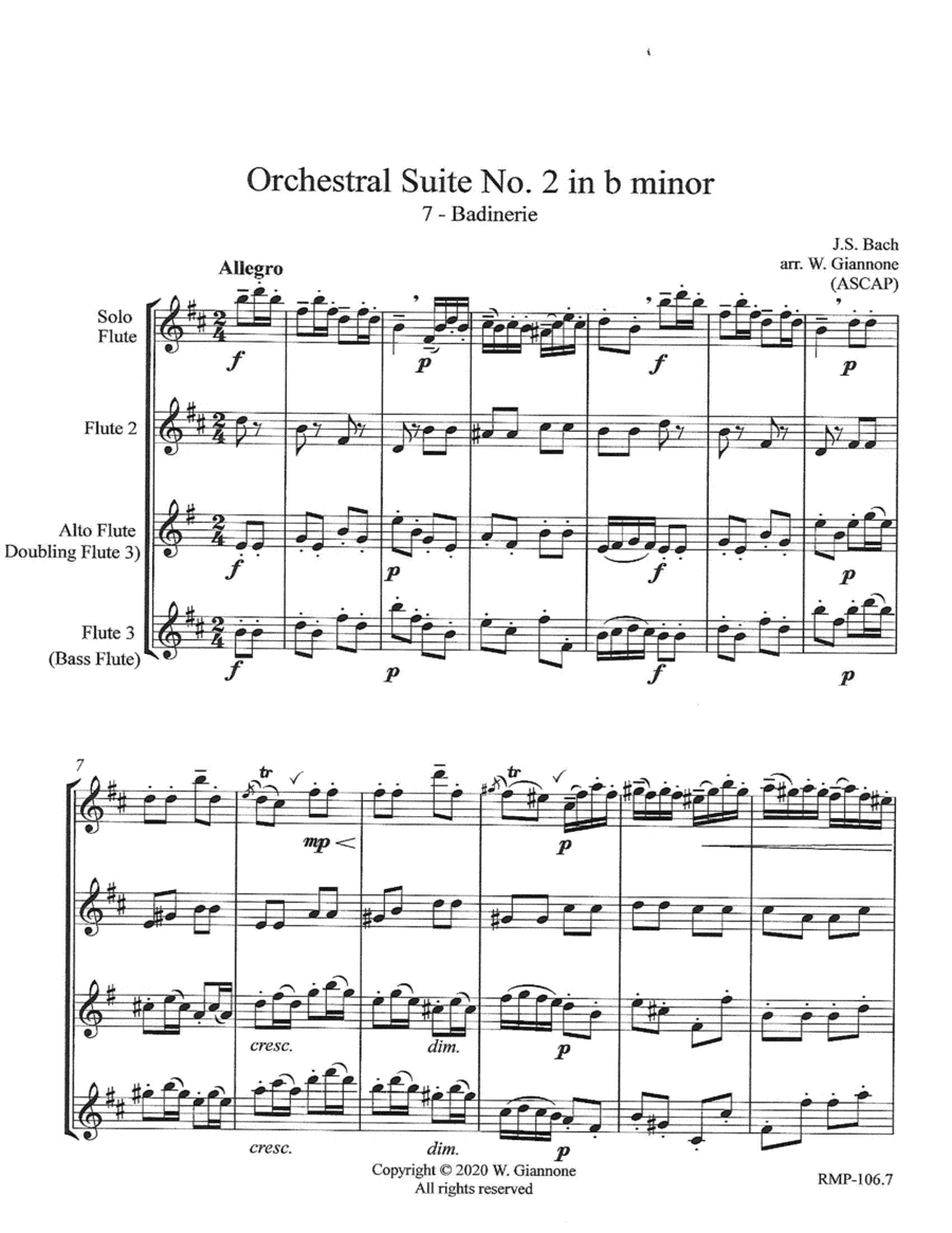 Bach - Badinerie from Orchestral Suite No. 2 in b minor (for 3 flutes) - Score Only (arr. W. Giannone)