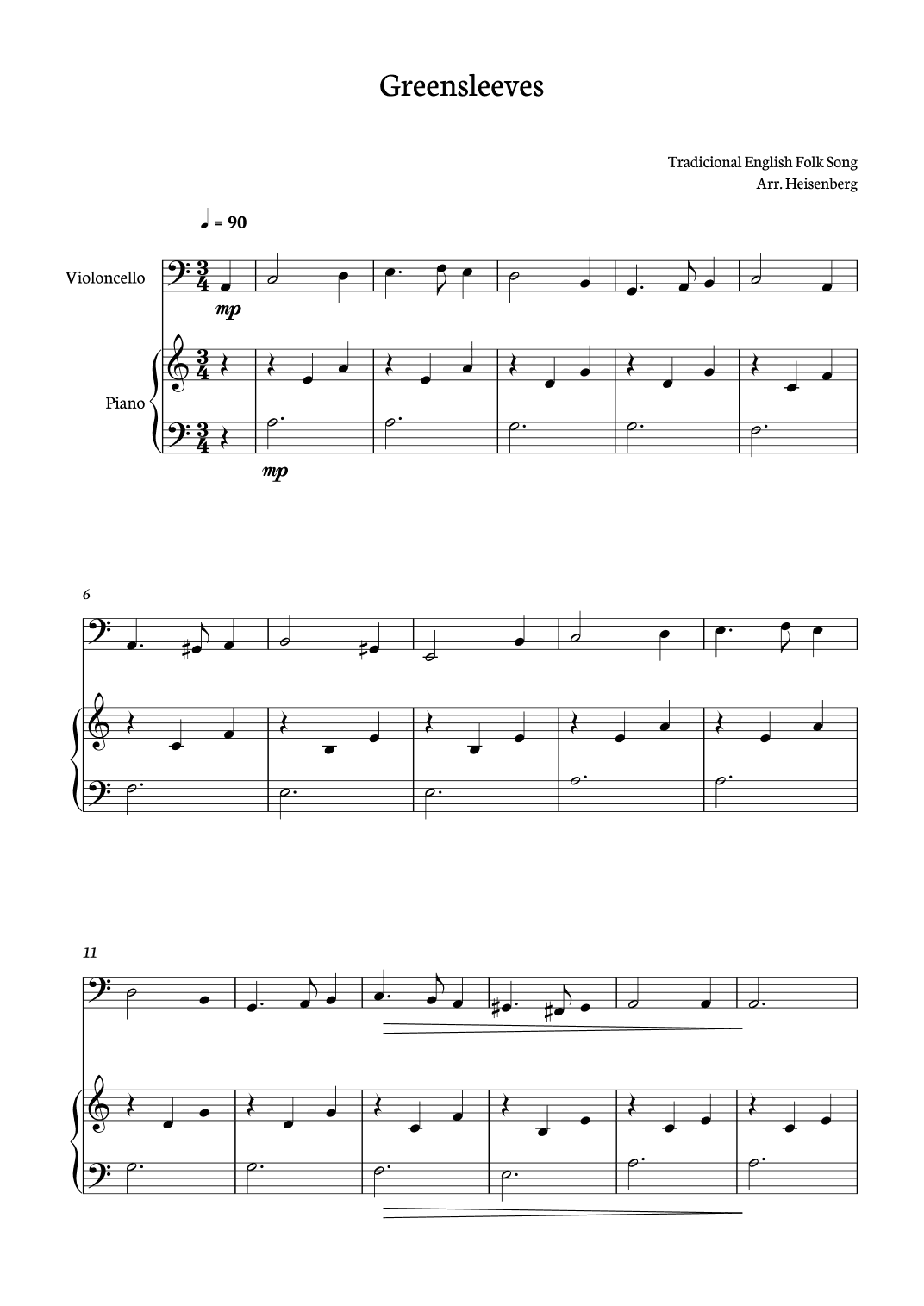 Greensleeves for Cello with piano accompaniment (arr. Heisenberg)
