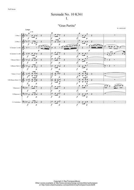 Mozart: Serenade No 10 in Bb "Gran Partita": Score only - woodwind ensemble (13 instruments) (arr. Ray Thompson)