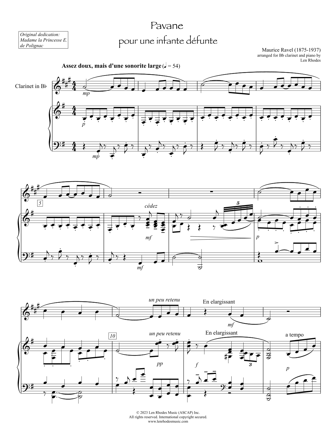 Ravel - Pavane pour une infante défunte, Bb clarinet and piano (arr. Len Rhodes)