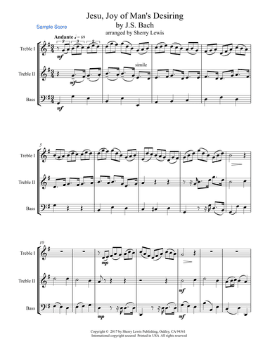 JESU, JOY OF MAN'S DESIRING, Trio, Intermediate Level for String Trio, woodwind trio, any combinatio (arr. Sherry Lewis)