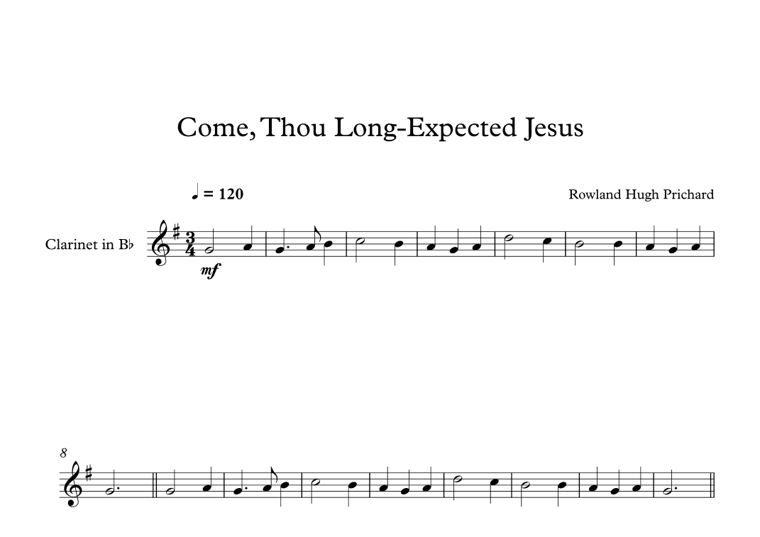 Come, Thou Long-Expected Jesus - Rowland Hugh Prichard (Clarinet) (arr. Digital Book Music)