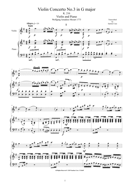 Mozart - Violin Concerto No.3 in G major K 216 for Violin and Piano - Score and Part (arr. Santino Cara)