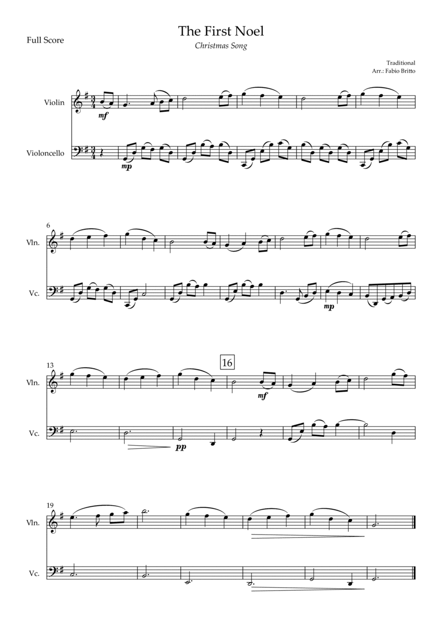 The First Noel (Christmas Song) for Violin & Cello Duo (arr. Fabio Britto)