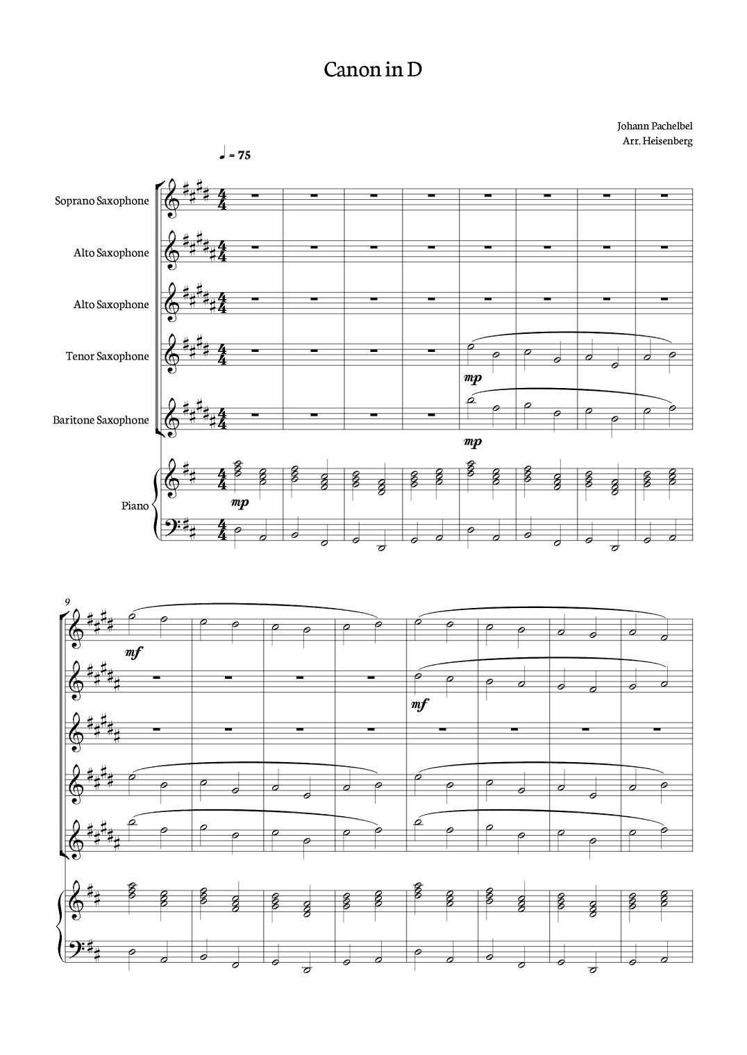 Canon in D - Pachelbel for Sax Quintet with piano, (arr. Heisenberg)