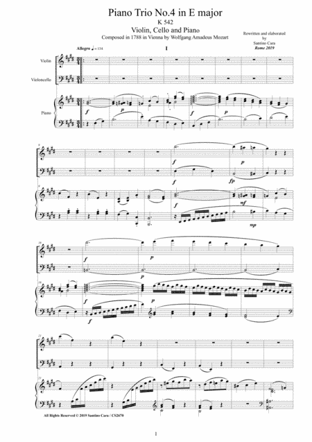 Mozart - Piano Trio No.4 in E major K542 for Violin, Cello and Piano (arr. Santino Cara)