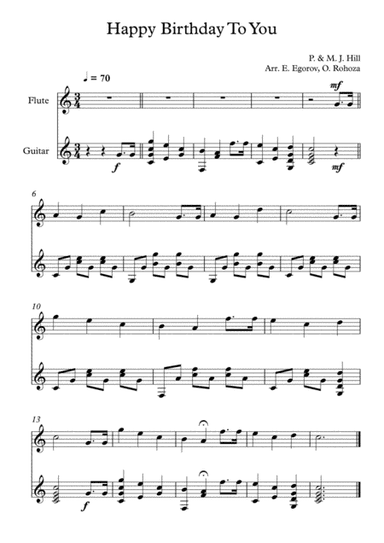 Happy Birthday To You, Patty & Mildred J. Hill, For Flute & Guitar