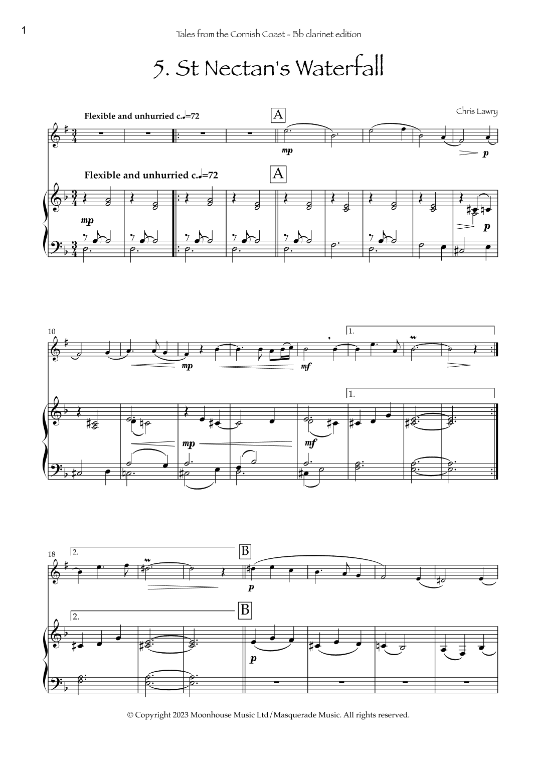 St Nectan's Waterfall (from Tales from the Cornish Coast) Bb Clarinet & Piano. By Chris Lawry