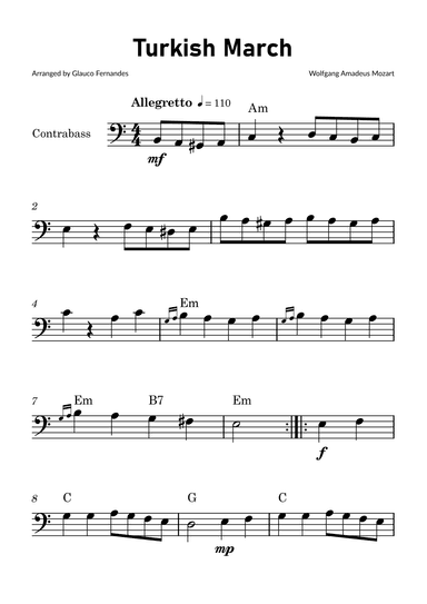 Turkish March by Mozart - Double Bass Solo with Chord Notations (arr. Glauco Fernandes)