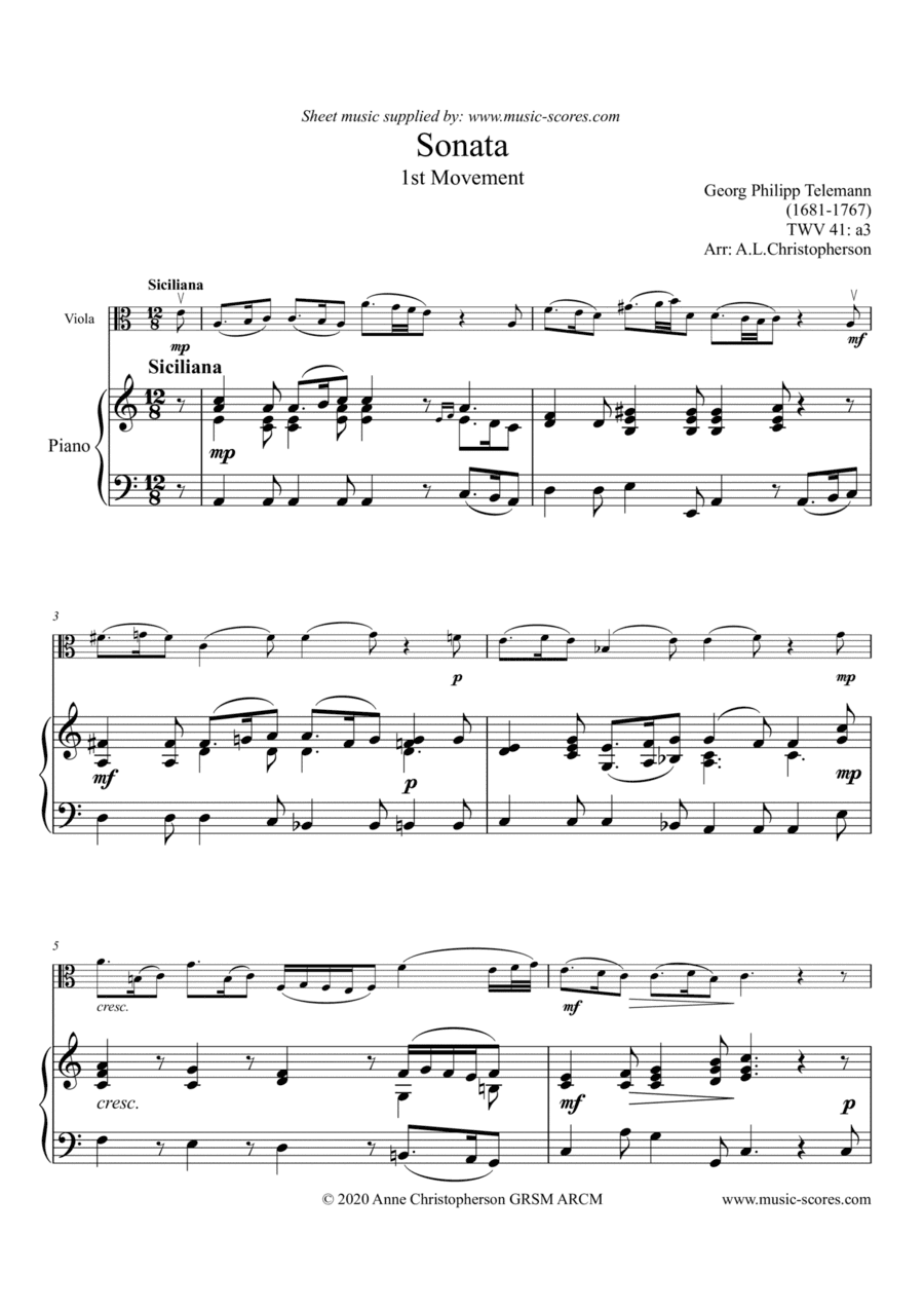 Telemann Sonata in A Minor TWV 41:a3, 1st Movement: Siciliano - Viola and Piano (arr. Anne L Christopherson GRSM ARCM)