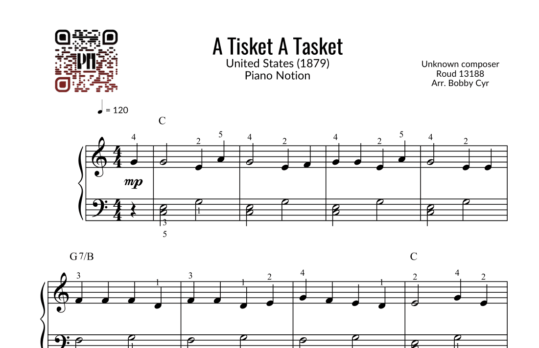 A Tisket A Tasket - Nursery Rhymes (Easy Piano) (arr. Bobby Cyr - Piano Notion)