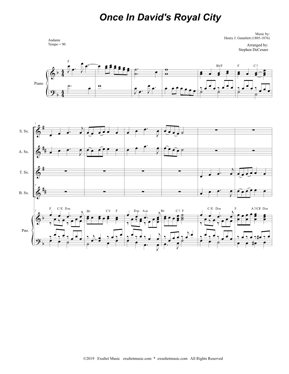 Once In Royal David's City (Saxophone Quartet and Piano) (arr. Stephen DeCesare)