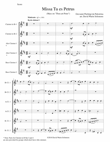Missa Tu Es Petrus (Mass on "Thou art Peter") arranged for clarinet choir or clarinet sextet (arr. David Warin Solomons)