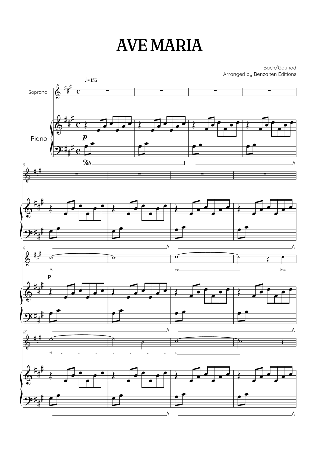 Bach / Gounod Ave Maria in A Major • soprano sheet music with piano accompaniment (arr. Benzaiten Editions)
