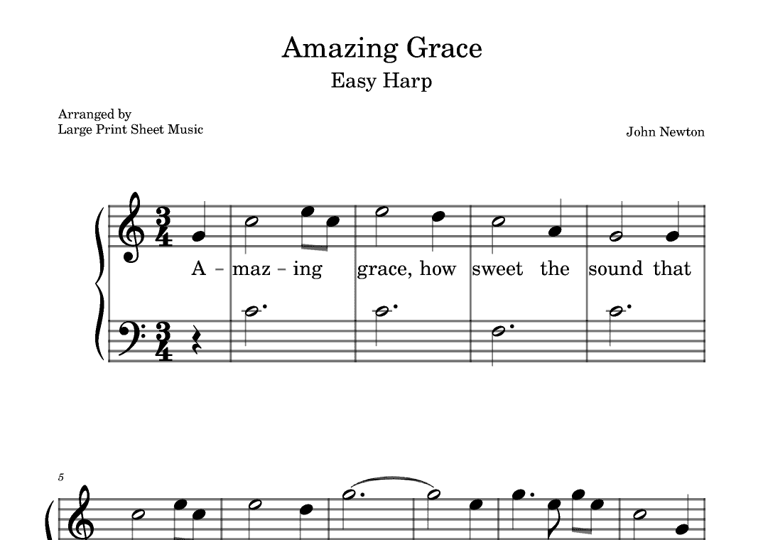 Amazing Grace For Easy Harp - Beginner (arr. Large Print Sheet Music)