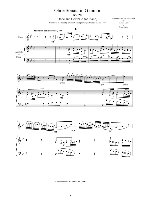 Vivaldi - Oboe Sonata in G minor RV 28 for Oboe and Harpsichord or Piano (arr. Santino Cara)