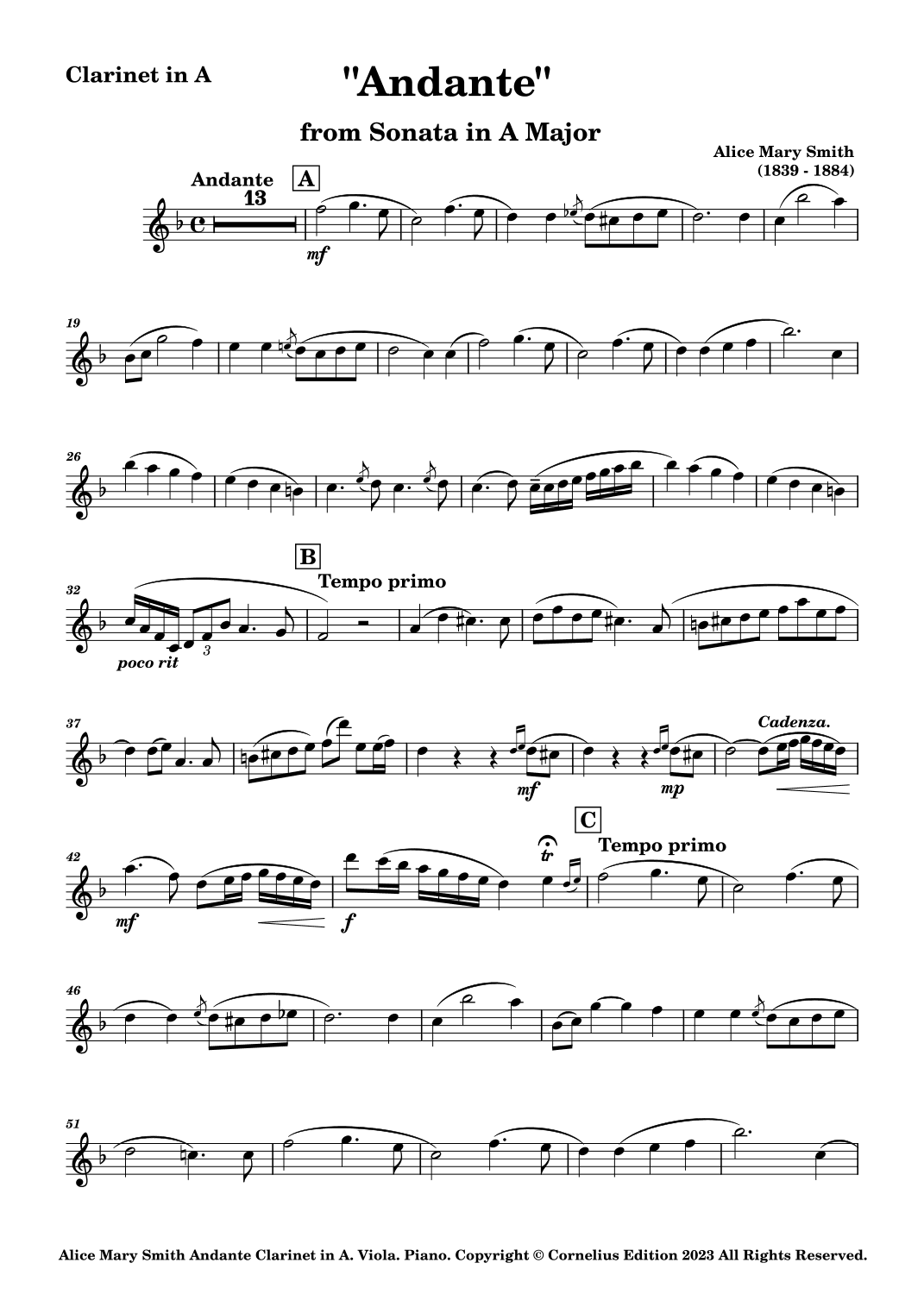 Alice Mary Smith "Andante" from Sonata in A Major Solo Clarinet in A. (Part only) (arr. Glenn Martin)