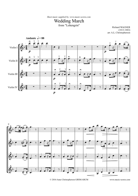 Wedding March from Lohengrin - 4 Violins (arr. Anne L Christopherson GRSM ARCM)
