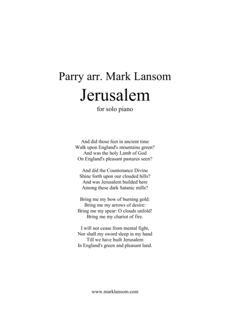 Jerusalem for solo piano (arr. Mark Lansom)