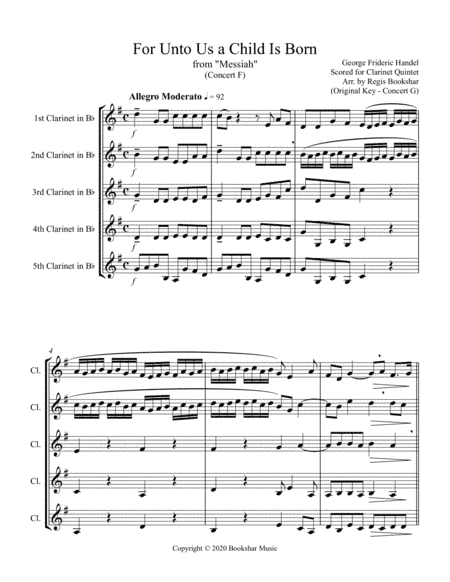 For Unto Us a Child is Born (from "Messiah") (F) (Clarinet Quintet) (arr. Regis Bookshar)