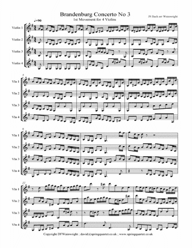 Brandenburg Concerto No. 3 by JS Bach for Four Violins with score & parts (arr. David F Wainwright)