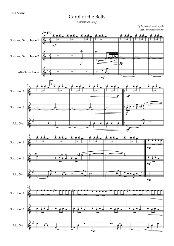 Carol of The Bells - Jazz Version (Christmas Song) for Saxophone Trio (arr. Fabio Britto)