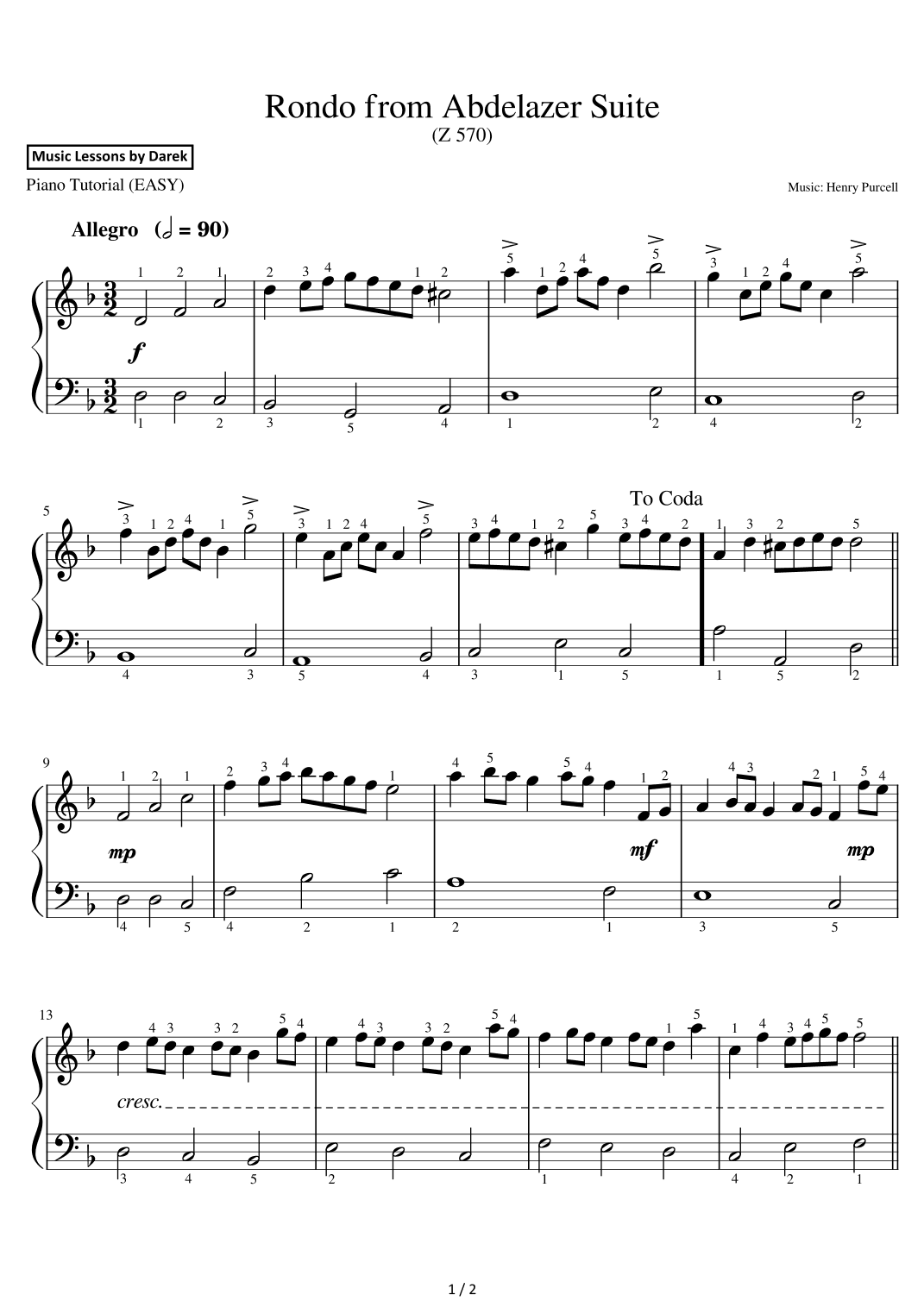 Rondo from Abdelazer Suite (EASY PIANO) (Z 570) [Henry Purcell] (arr. Darek)