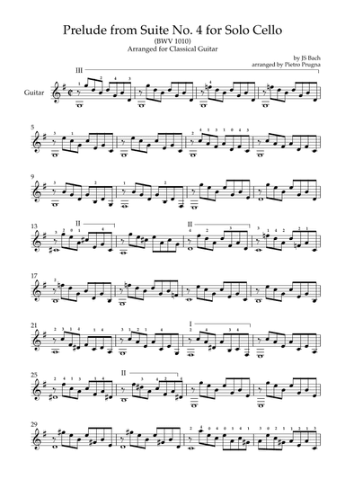 Prelude (from Suite No. 4 for Solo Cello) (BWV 1010) by JS Bach - arr for Solo Guitar in G major (arr. Pietro Prugna)