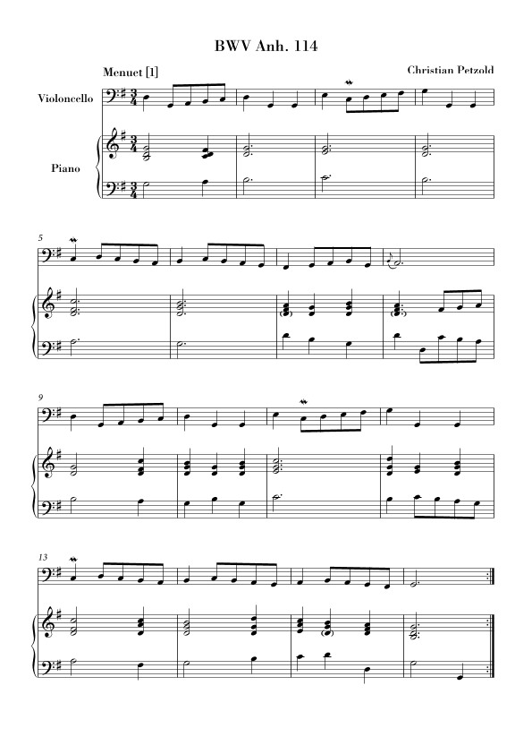 Bach - Minuet in G major and G minor (BWV Anh. 114 - 115) for Violoncello and Piano (arr. Ahiva Editions)